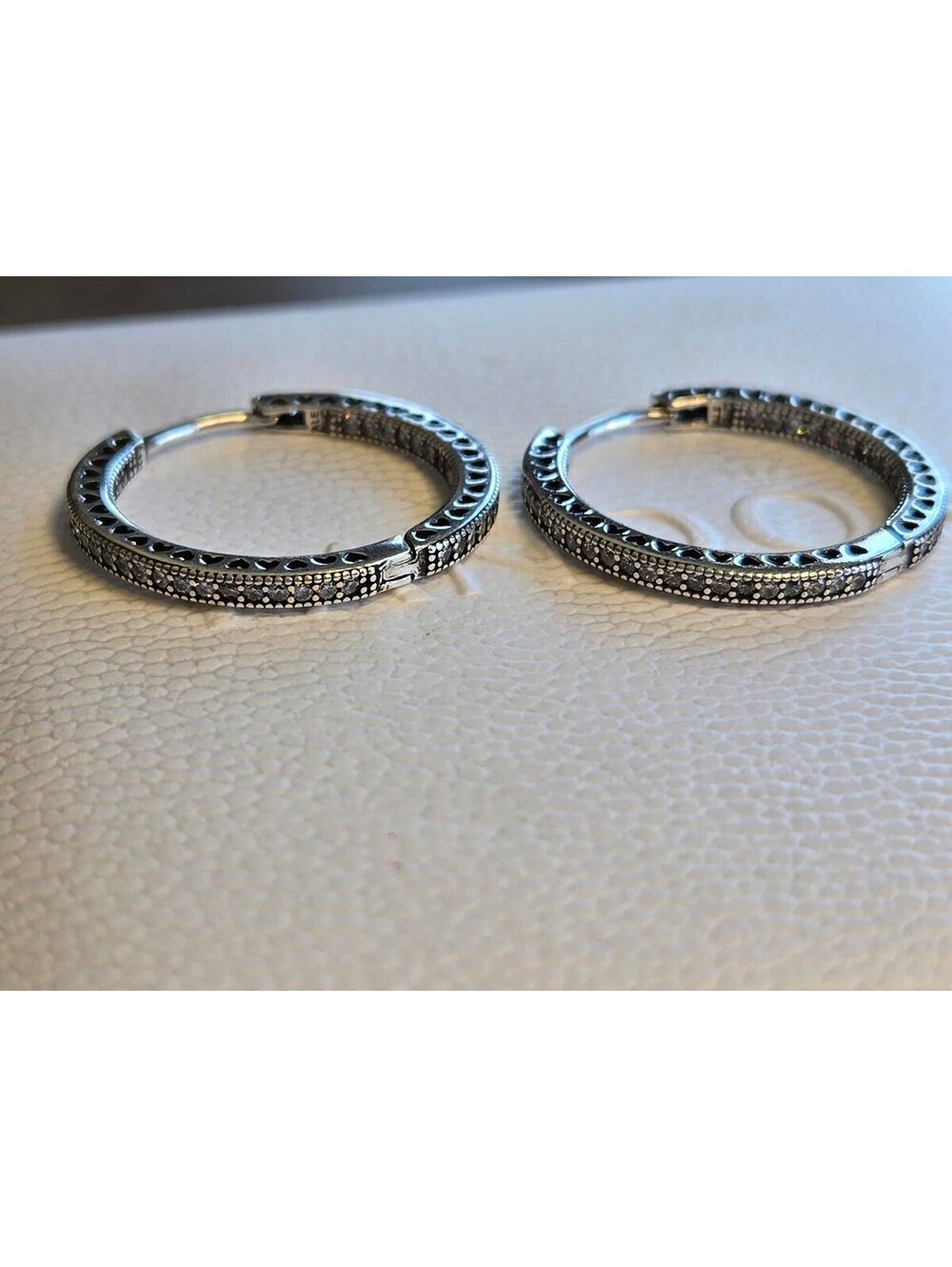 Pandora silver Heart Cutout Hoop Earrings with Rhinestone Detail